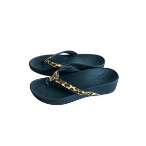 Vionic High Tide Platform Sandals Women 9 Black Leopard Print Orthotic Flip Flop